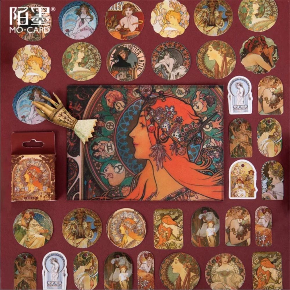 Adorable Box of 46 Mucha Art Nouveau Stickers 1.5” Stationery Scrapbook …